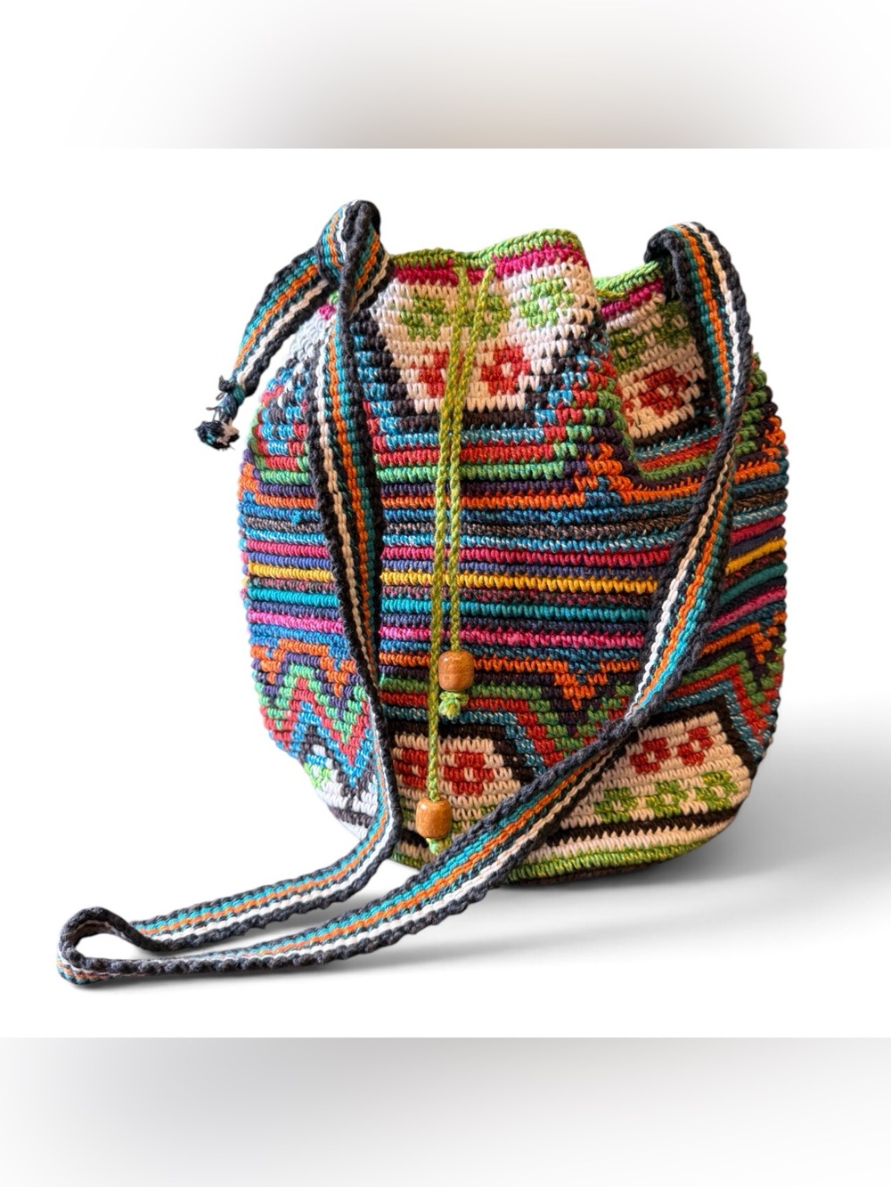 Crochet Bucket Bag Multicolor Geo Pattern Boho Festival Hippie Beaded Purse